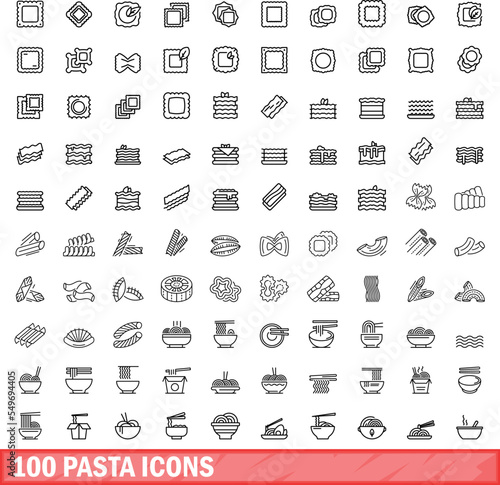 100 pasta icons set. Outline illustration of 100 pasta icons vector set isolated on white background