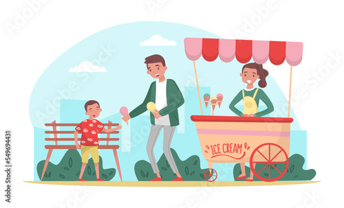 Dad buying ice cream to his son. Parent and kid having good time outdoors cartoon vector
