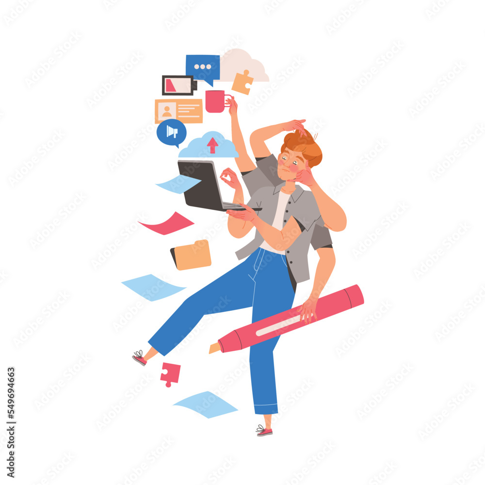 Male Student Character Learning Multitasking Switching Between Different Activities Vector Illustration