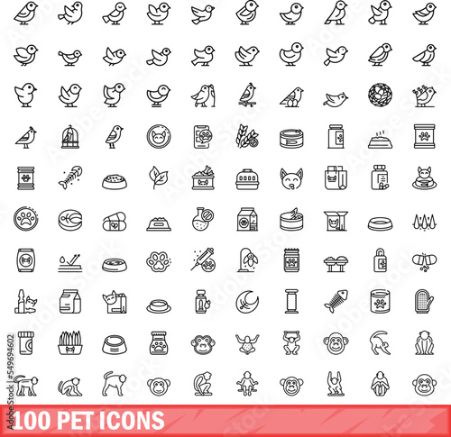 100 pet icons set. Outline illustration of 100 pet icons vector set isolated on white background