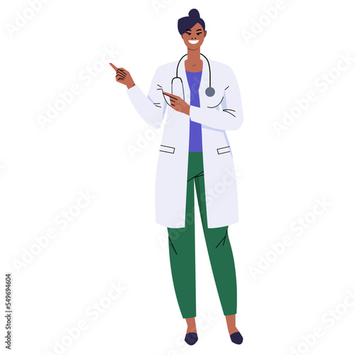 Black female doctor pointing at something with two index fingers. A doctor with a stethoscope and in a white coat presents, demonstrates. Smiling character isolated on white background. Flat vector.
