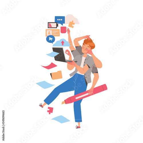 Male Student Character Learning Multitasking Switching Between Different Activities Vector Illustration
