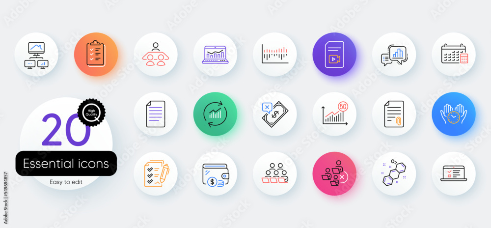 Simple set of Work home, Safe time and Graph chart line icons. Include Interview job, Chemical formula, Attachment icons. Calendar, Web analytics, Teamwork web elements. Checklist. Vector