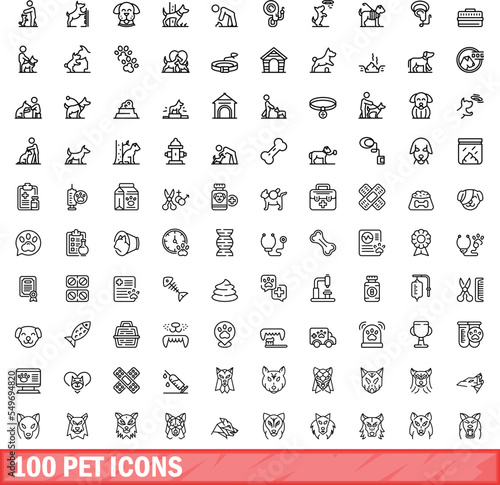 100 pet icons set. Outline illustration of 100 pet icons vector set isolated on white background