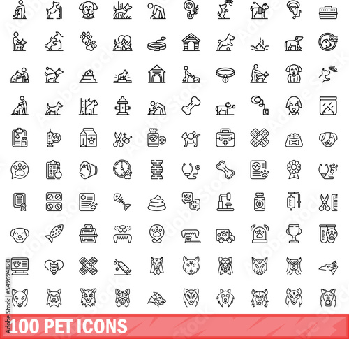 100 pet icons set. Outline illustration of 100 pet icons vector set isolated on white background