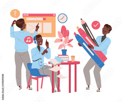 Male Student Character Learning Multitasking Switching Between Different Activities Vector Illustration