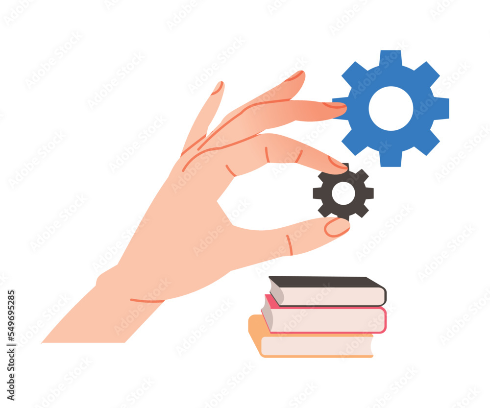 Student Hand with Cogwheel Near Pile of Books as Learning Multitasking Vector Illustration Student Hand with Cogwheel Near Pile of Books as Learning Multitasking Vector Illustration
