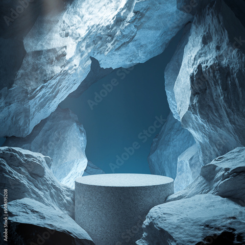 Fotografia blue geometric Stone and Rock shape background, minimalist mockup for podium display or showcase, 3d rendering