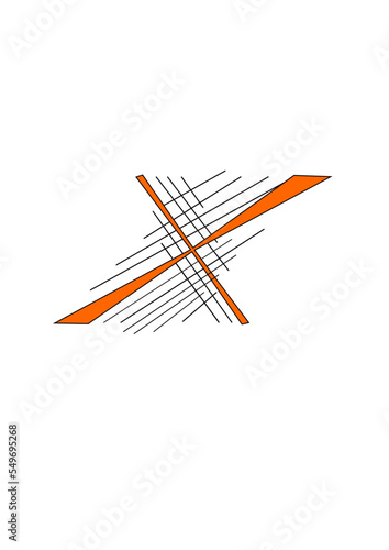 Motif principal en x de couleur orange entouré de petites lignes fines noires, donnant beaucoup d'originalité.
