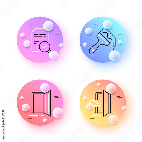 Brush, Entrance and Inspect minimal line icons. 3d spheres or balls buttons. Open door icons. For web, application, printing. Art brush, Open door, Research document. Entrance. Vector