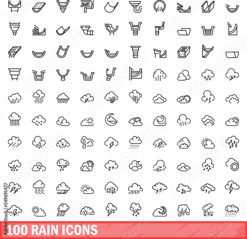 100 rain icons set. Outline illustration of 100 rain icons vector set isolated on white background