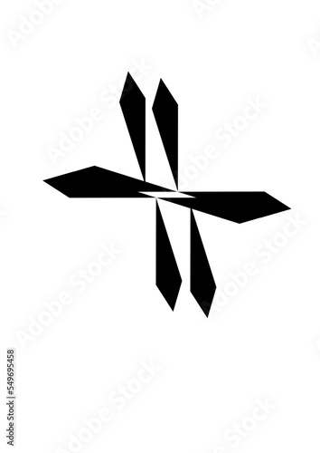Motifs graphique en noir, pouvant aussi représenter une croix, avec un parallélépipède blanc au milieu du motif.