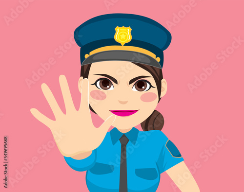 Vector illustration of young adult female police making stop gesture sign with hand. Professional woman