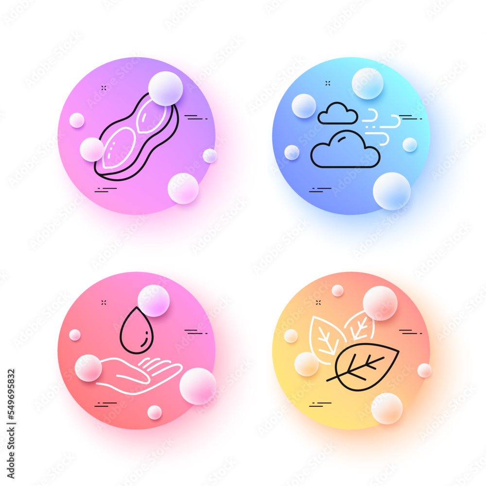 Organic tested, Windy weather and Water care minimal line icons. 3d spheres or balls buttons. Peanut icons. For web, application, printing. Bio ingredients, Cloud wind, Aqua drop. Vector