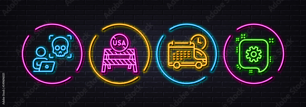 Usa close borders, Delivery and Cyber attack minimal line icons. Neon laser 3d lights. Cogwheel icons. For web, application, printing. Coronavirus restrictions, Cargo schedule, Ransomware risk. Vector Usa close borders, Delivery and Cyber attack minimal line icons. Neon laser 3d lights. Cogwheel icons. For web, application, printing. Coronavirus restrictions, Cargo schedule, Ransomware risk. Vector