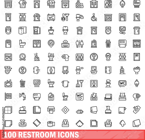 100 restroom icons set. Outline illustration of 100 restroom icons vector set isolated on white background