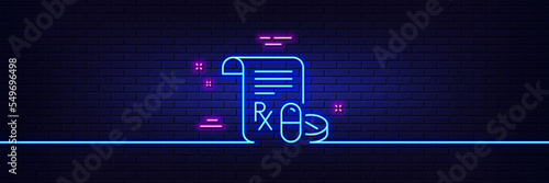 Neon light glow effect. Medical prescription line icon. Medicine pills sign. Pharmacy medication symbol. 3d line neon glow icon. Brick wall banner. Medical prescription outline. Vector