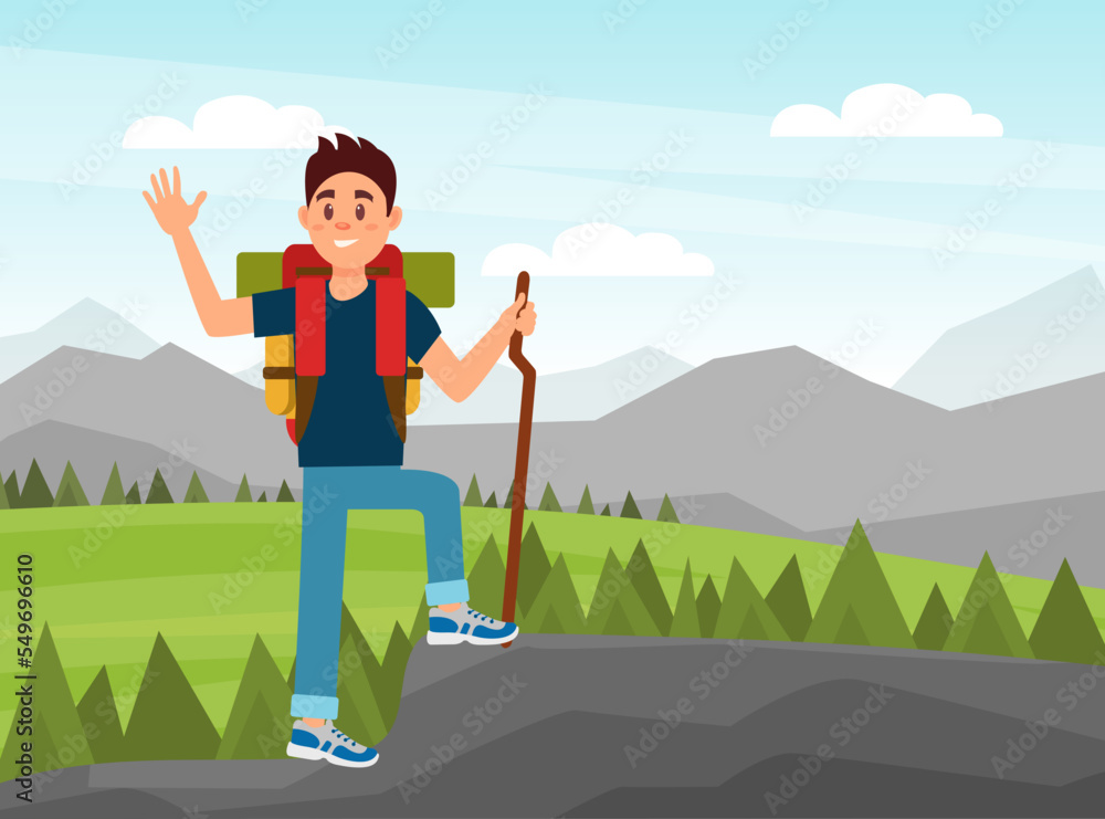 Man Character Camping Hiking and Walking with Backpack and Stick Vector Illustration
