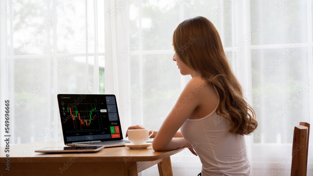 Young business woman using computer trading stock market exchange online. Trader analyzing data and investment concept. Young business woman using computer trading stock market exchange online. Trader analyzing data and investment concept.