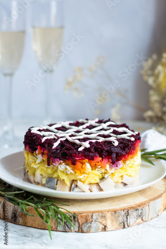 Herring and beetroot salad. . Fur coat salad. Shuba  photo