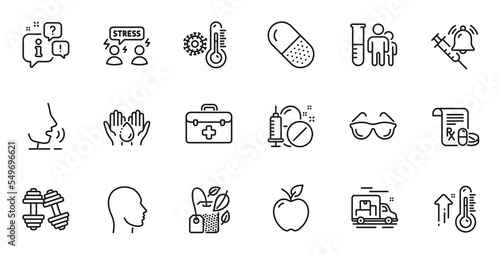 Outline set of Mint bag, Eyeglasses and Capsule pill line icons for web application. Talk, information, delivery truck outline icon. Include Head, Wash hands, Dumbbells icons. Vector