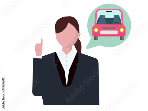 車と運転の説明をする女性。教習所の指導員、免許センター。ベクターイラスト