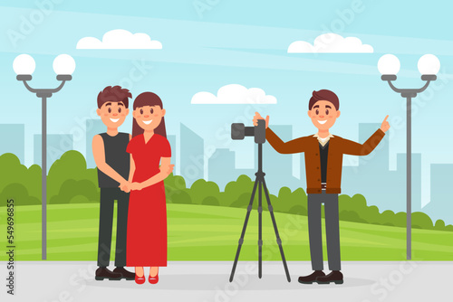 Man and Woman Couple at Photo Shoot or Photo Session Posing In front Of Camera Vector Illustration