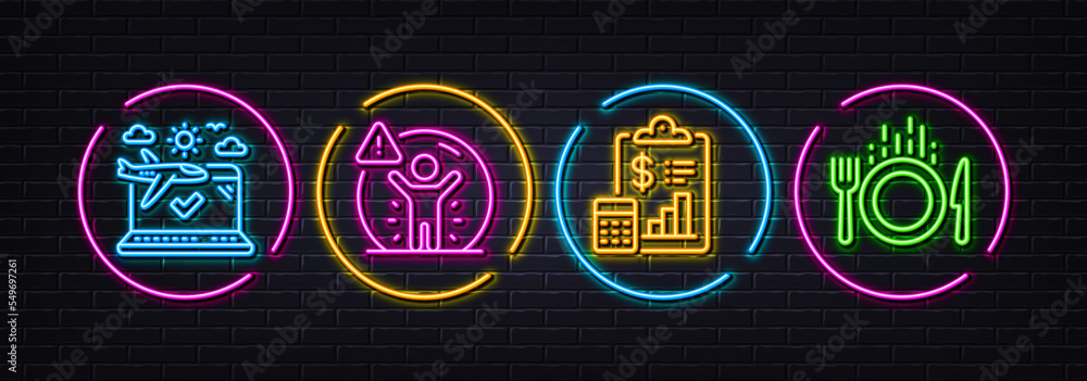 Report, Social distance and Airplane travel minimal line icons. Neon laser 3d lights. Food icons. For web, application, printing. Survey clipboard, People protection, Check in. Cutlery. Vector Report, Social distance and Airplane travel minimal line icons. Neon laser 3d lights. Food icons. For web, application, printing. Survey clipboard, People protection, Check in. Cutlery. Vector