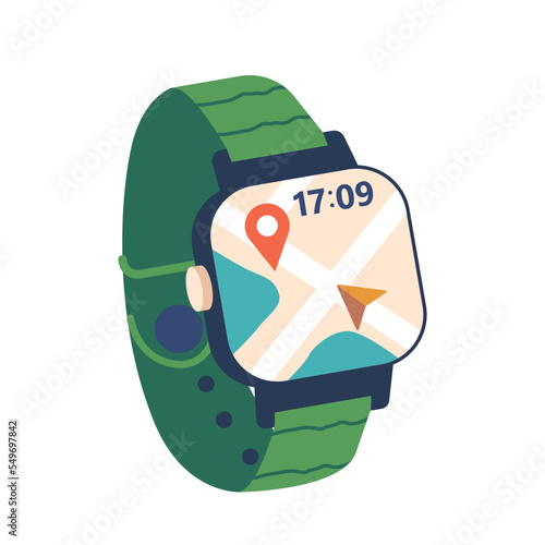 Fitness Tracker with Map Navigator Application and Time on Display Screen, Smart Watch Device On Green Silicone Bracelet