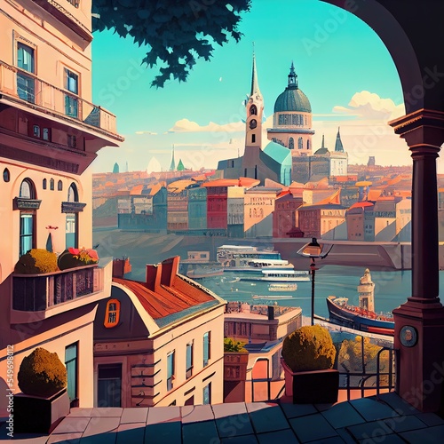 Streets of Budapest. Beautiful illustration generated by Ai