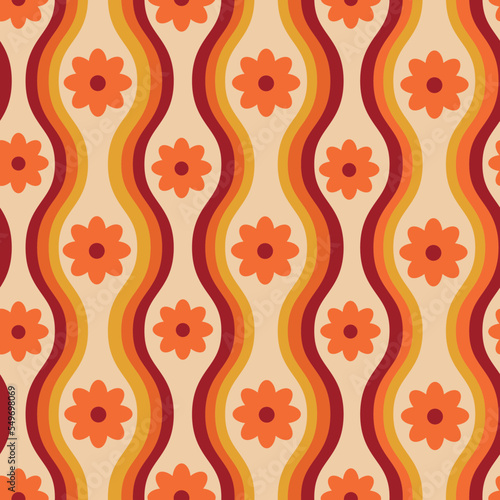 Retro 60s orange flowers on groovy oval waves seamless pattern on light cream background. For home décor, textile and wallpaper 