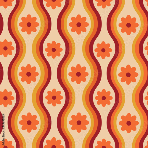 Retro 60s orange flowers on groovy oval waves seamless pattern on light cream background. For home décor, textile and wallpaper  