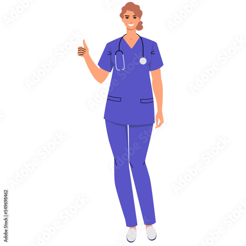 Nurse gives a thumb up. Female doctor isolated on white background. Gesture of approval, cool, Ok. Medical worker with stethoscope and wearing scrubs. Smiling character. Flat style, vector .