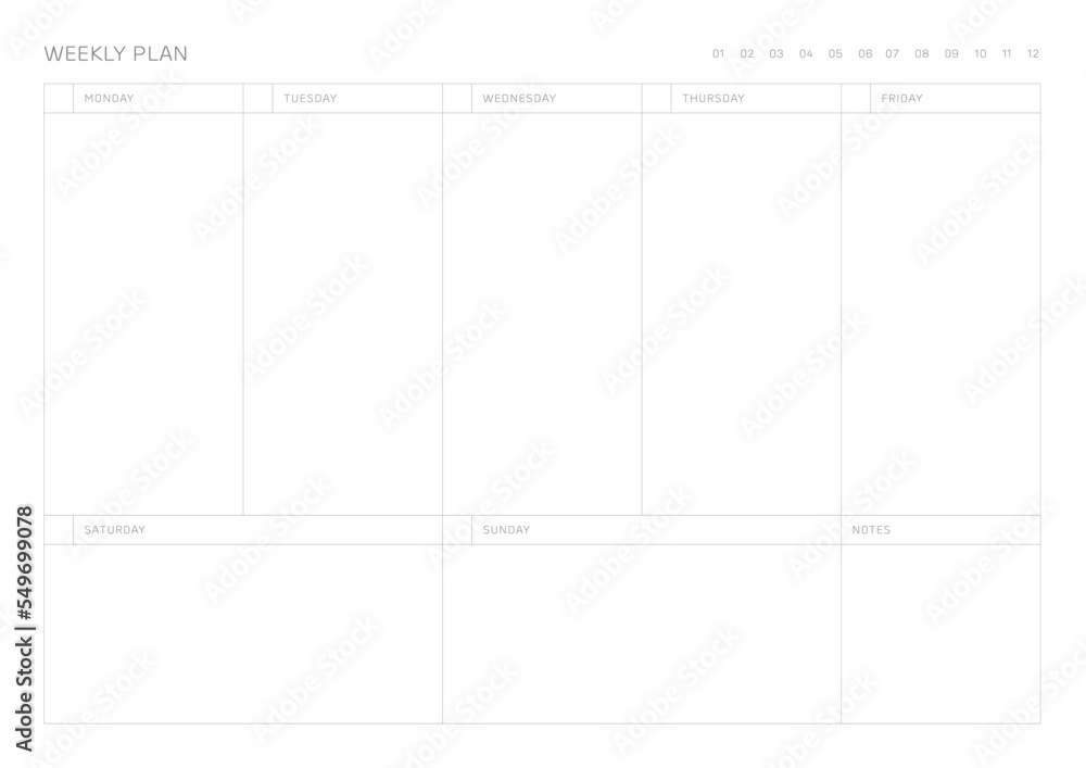 A weekly plan design template in a modern, simple, and minimalist style. Note, scheduler, diary, calendar, planner document template illustration. A weekly plan design template in a modern, simple, and minimalist style. Note, scheduler, diary, calendar, planner document template illustration.