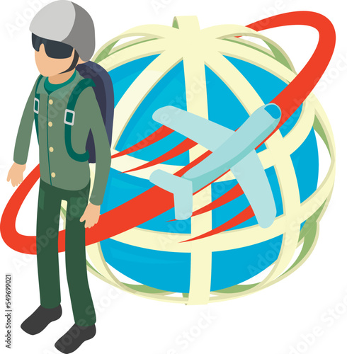 Skydiver icon isometric vector. Parachutist near planet icon with flying plane. Paratrooper, military man
