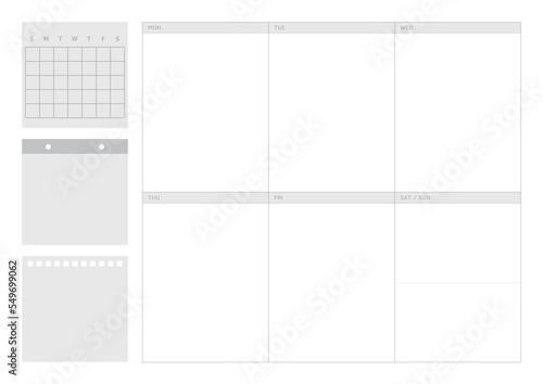 A weekly plan design template in a modern, simple, and minimalist style. Note, scheduler, diary, calendar, planner document template illustration.