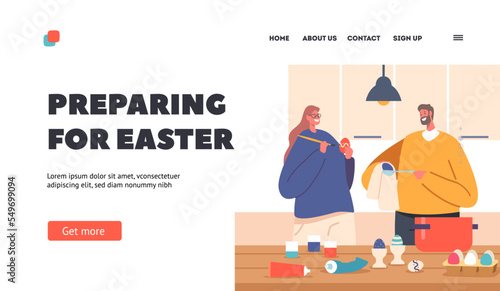 Preparing for Easter Landing Page Template. Man and Woman Paint Eggs for Holiday Celebration. Characters Decorate Eggs