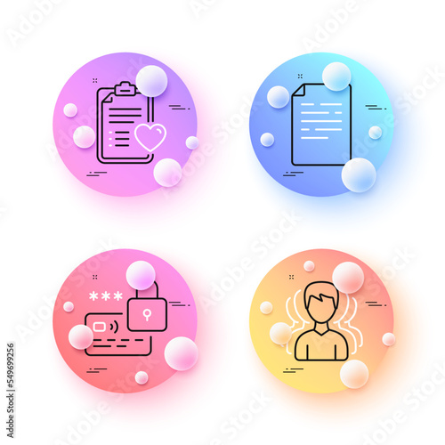 Lock, Patient history and Document minimal line icons. 3d spheres or balls buttons. Group icons. For web, application, printing. Blocked credit card, Medical survey, Page file. Vector