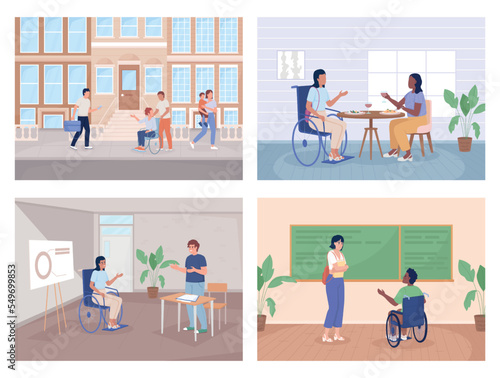 Inclusion of disabled flat color vector illustrations set. Living full life after injury. Medical care. Fully editable 2D simple cartoon characters pack with interiors and city on background
