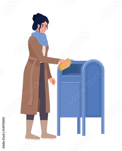 Woman sends envelope by mail semi flat color vector character. Editable figure. Full body person on white. Correspondence simple cartoon style illustration for web graphic design and animation