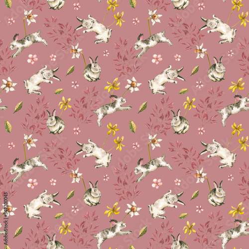 Seamless pattern with watercolor rabbits with flowers and leaves. Hand drawn illustration is on pink. Cute ornament with animals and plants is perfect for fabric textile, wallpaper print, background