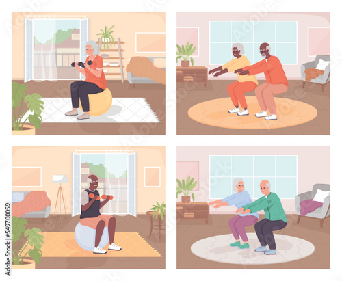 Exercising for elderly people flat color vector illustrations set. Staying active and healthy. Fully editable 2D simple cartoon characters collection with home interiors on background
