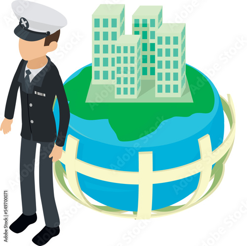 Sea captain icon isometric vector. Male captain near housing estate in planet. Ship commander, naval fleet