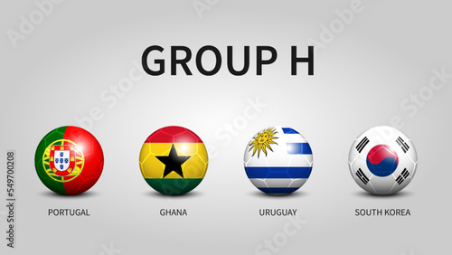 Qatar soccer cup tournament 2022 . Group H stages . Football with country flag pattern . Vector .