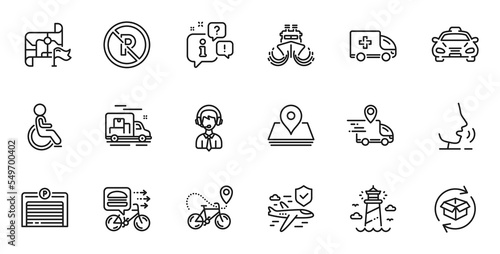 Outline set of Delivery truck  Ambulance emergency and Lighthouse line icons for web application. Talk  information  delivery truck outline icon. Vector