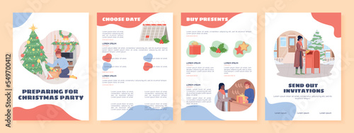 Xmas party preparing flat vector brochure template. Booklet, leaflet printable flat color designs. Editable magazine page, reports kit with text space. Sigmar One, Balsamiq Sans, Comfortaa fonts used