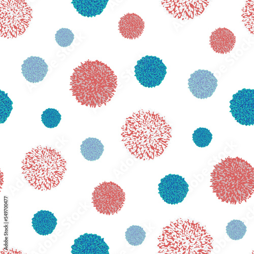 Vector seamless pattern pompom irregular blue, pink and red color on white background. Holiday Christmas or birthday baby repeating pattern. Pon pon pom.