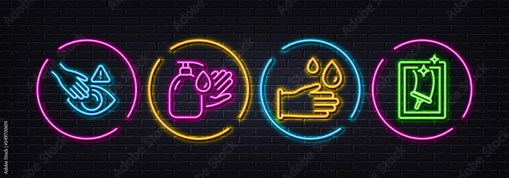 Rubber gloves, Wash hands and Dont touch minimal line icons. Neon laser 3d lights. Window cleaning icons. For web, application, printing. Hygiene equipment, Liquid soap, Clean hand. Vector