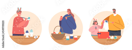 Happy Family Prepare for Easter Celebration. Parents and Children Girl and Boy Wear Rabbit Ears Painting Eggs Icons