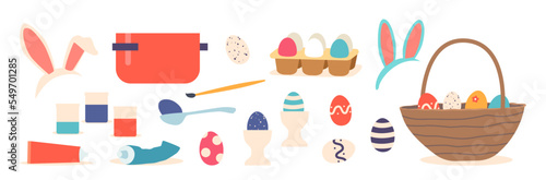 Set of Easter Items, Rabbit Ears Headband, Cooking Pan, Decorated Eggs, Paints and Basket with Colored Eggs Isolated